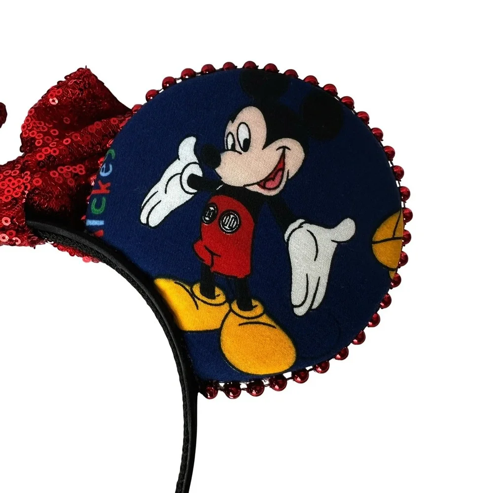 Mickey Mouse Ears Headband Red Sequin Bow Blue Character Print Disney Accessory